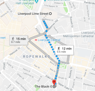 Map showing walking routes from Lime Street station to the Black-E venue.